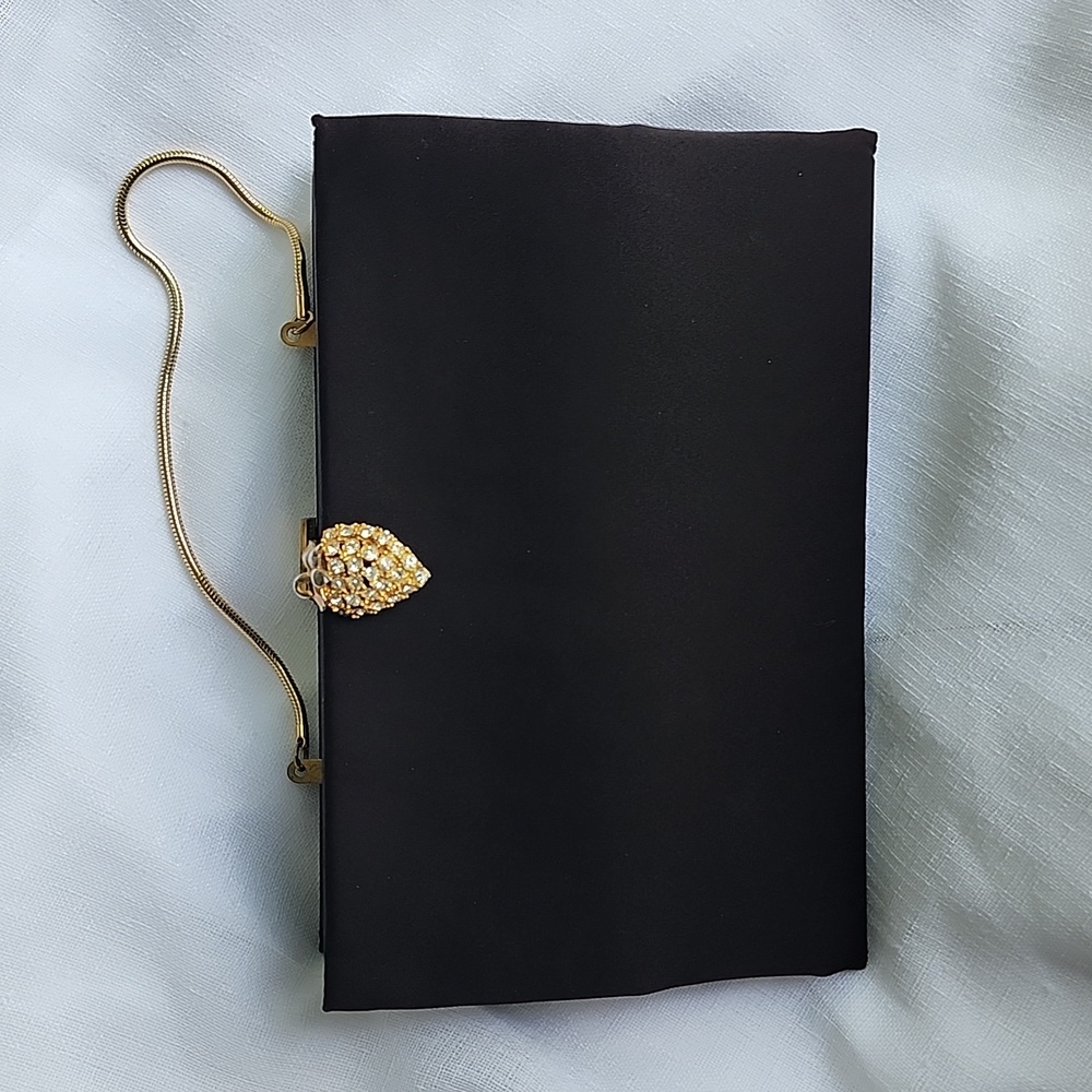 Vintage Unbranded Black Satin Evening Bag W/ Gorgeous Faux Diamond Clasp, $40